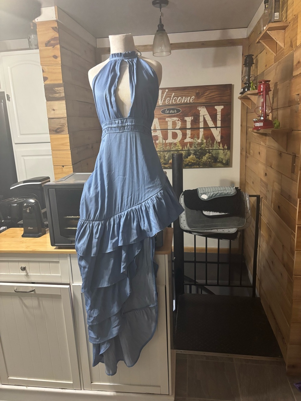 Halter Ruffle High-Low Maxi Dress - Blue
